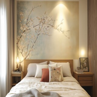 Modern Beige Bedroom Wall Paint Design With Wall Art