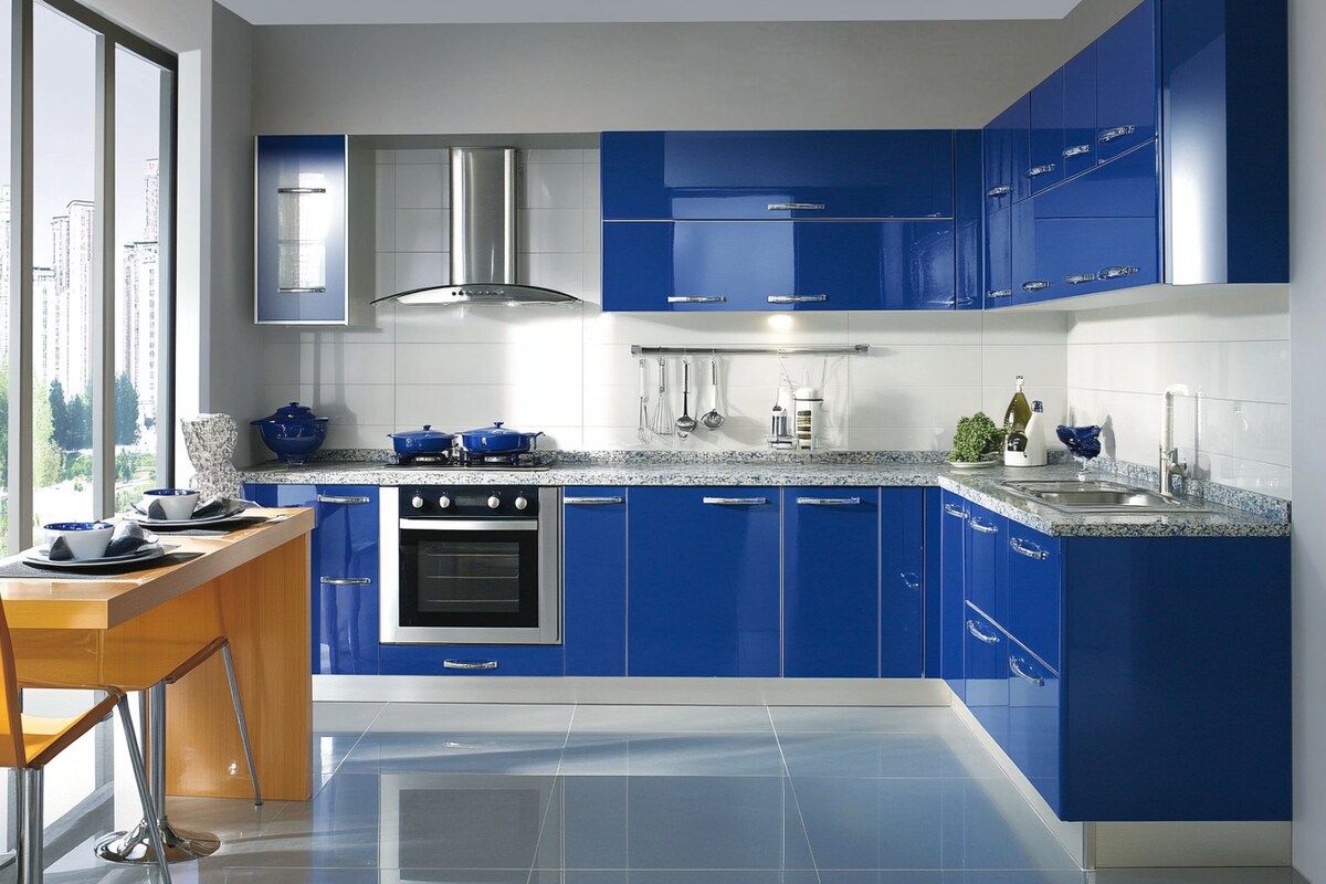 Modern Blue L Shaped Kitchen Design with Marble Countertops