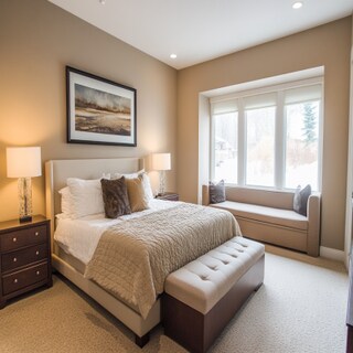 Modern Beige Master Bedroom Design With Bedside Storage Unit And Bay Seater