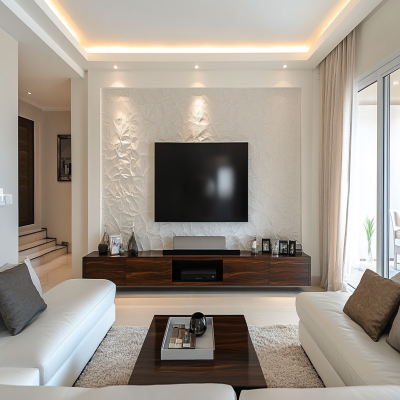 Modern White And Dark Wood Wall-Mounted TV Unit Design With 3D Beige Accent Wall