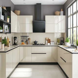 Modern Cream and White U-Shaped Kitchen Design With Cabinets