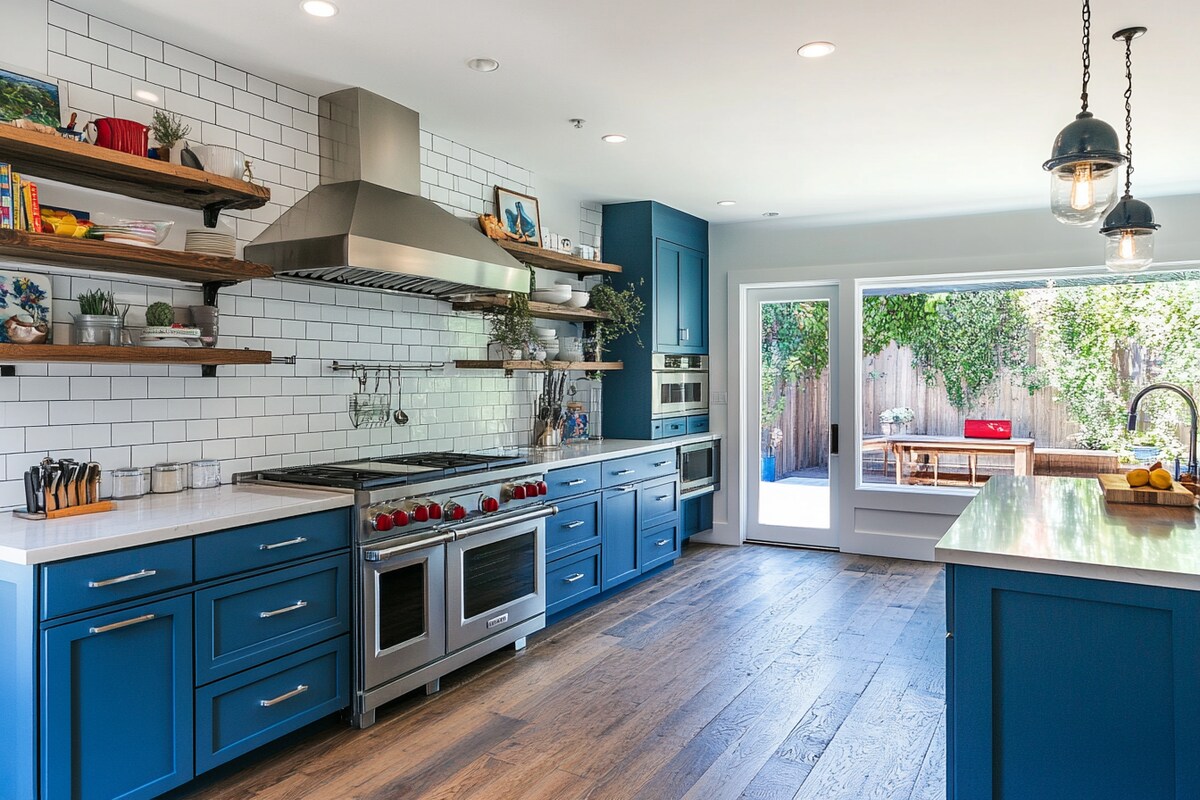 Contemporary Blue Open Modular Kitchen Design With White Subway Tiles