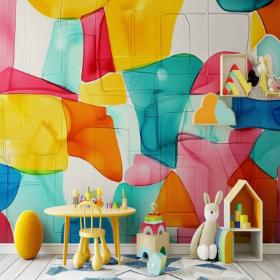 Modern Kids Room Design With Abstract Multicoloured Wallpaper