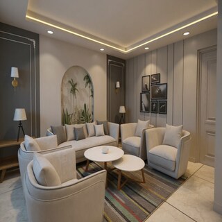 Large Modern Beige Living Room Design with Curved Seating