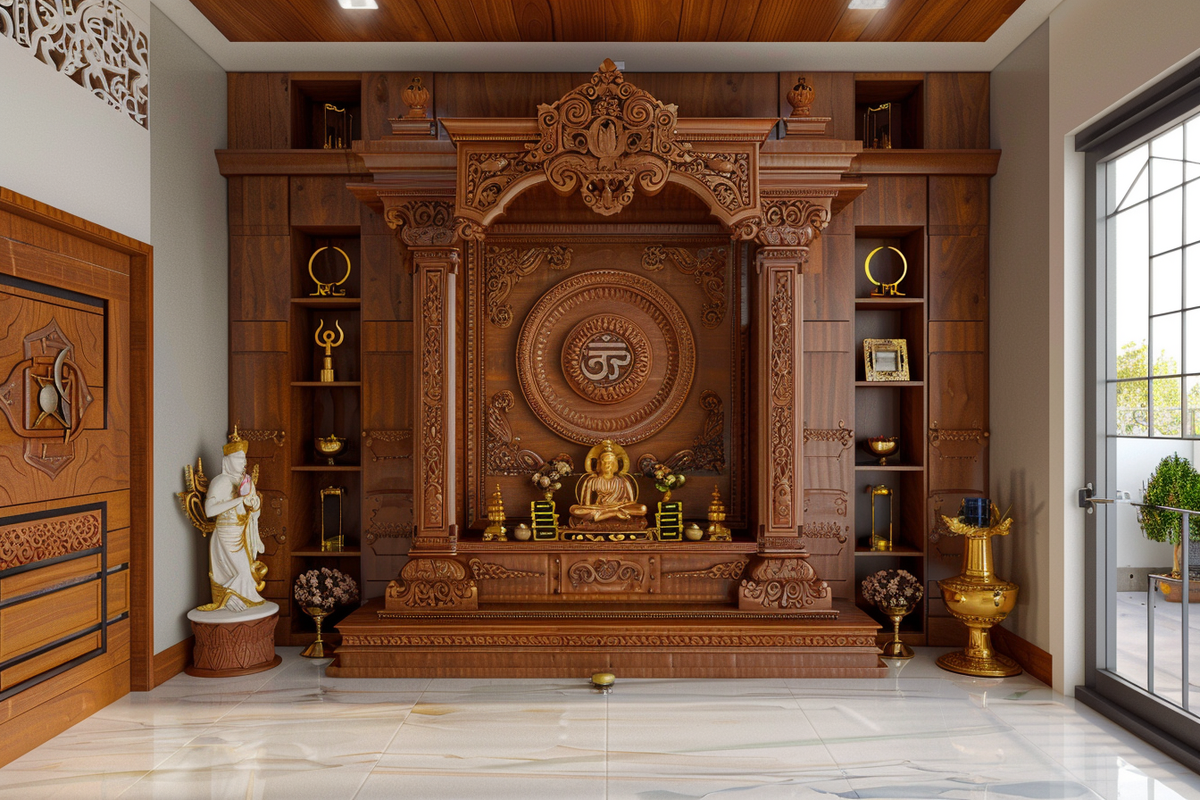 Modern Floor-Mounted Mandir Unit with Om Mandala Wall Design and CNC Om Panels