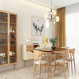 Modern 6-Seater Beige And Wood Dining Room Design With Wooden Storage Cabinet