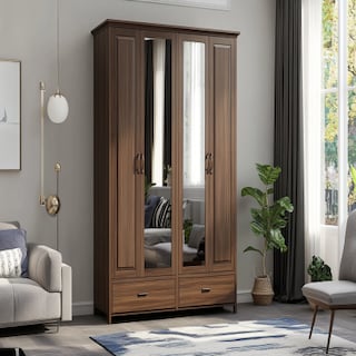 Classic 4 Door Walnut Bronze Swing Wardrobe With Mirror Design