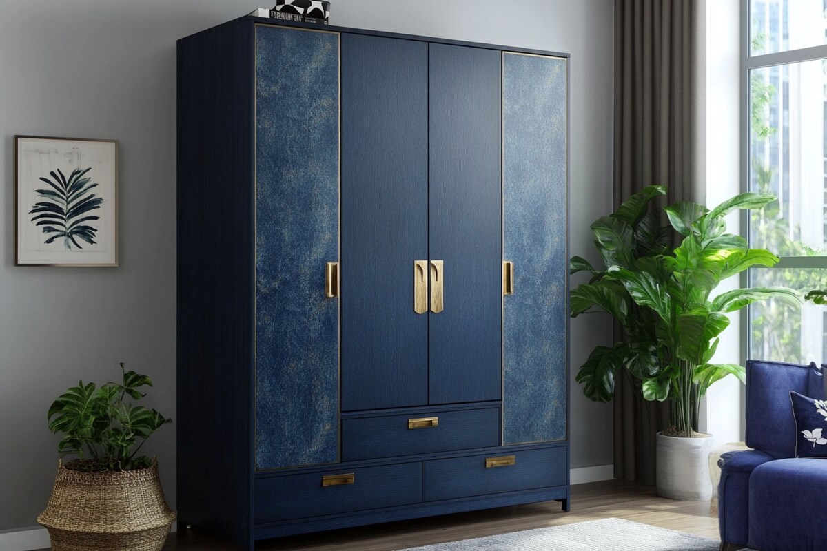 Mid-Century Modern 4-Door Swing Wardrobe Design in Blue Mid-Century Modern 4-Door Swing Wardrobe Design in Blue