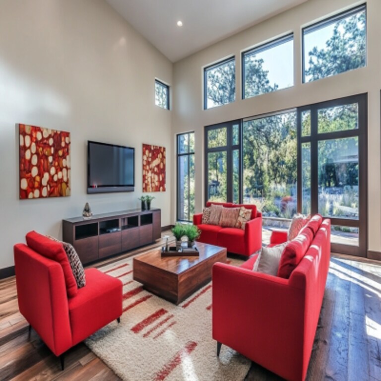 Contemporary Living Room Design With Red Seating and TV Unit