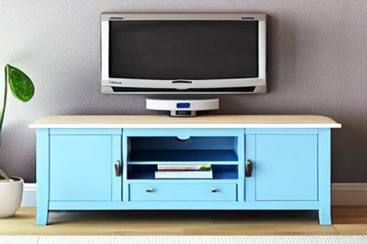 Modern TV Unit Design in Blue and Brown Laminate Modern TV Unit Design in Blue and Brown Laminate