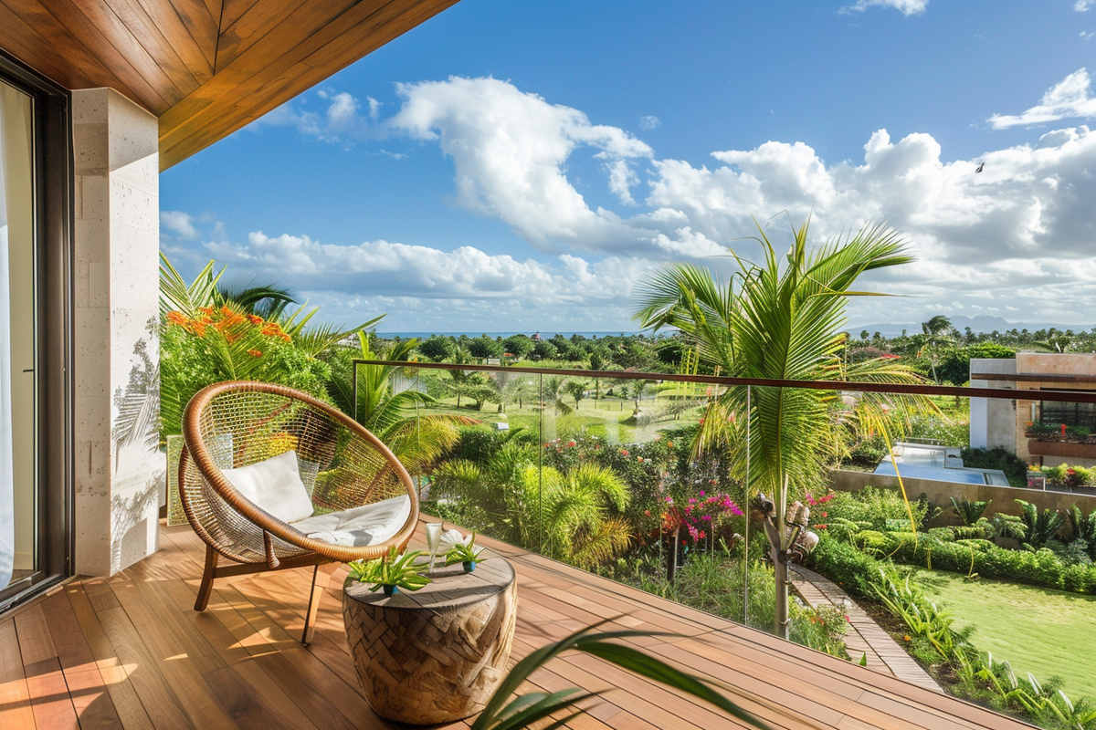 Tropical Balcony Design With Rattan Accent Chair And Wooden Flooring