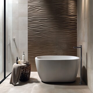 Contemporary Small Bathroom Design Idea With Textured Brown Tiles