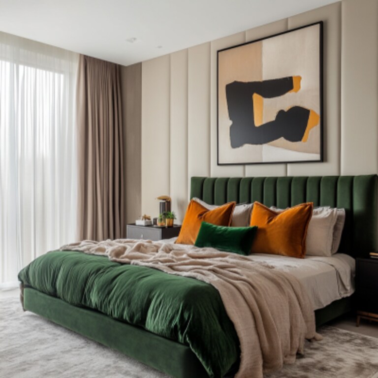 Contemporary Master Bedroom Design With Dark Green Bed