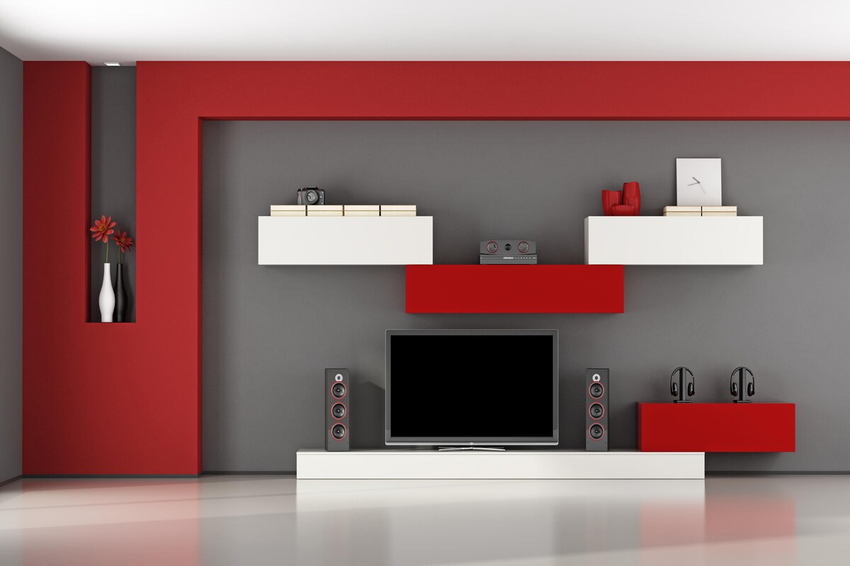 Contemporary TV Unit Design in Maroon Laminate Contemporary TV Unit Design in Maroon Laminate