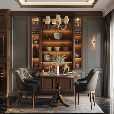 Classic 4-Seater Wood And Grey Dining Room Design With Wooden Crockery Unit