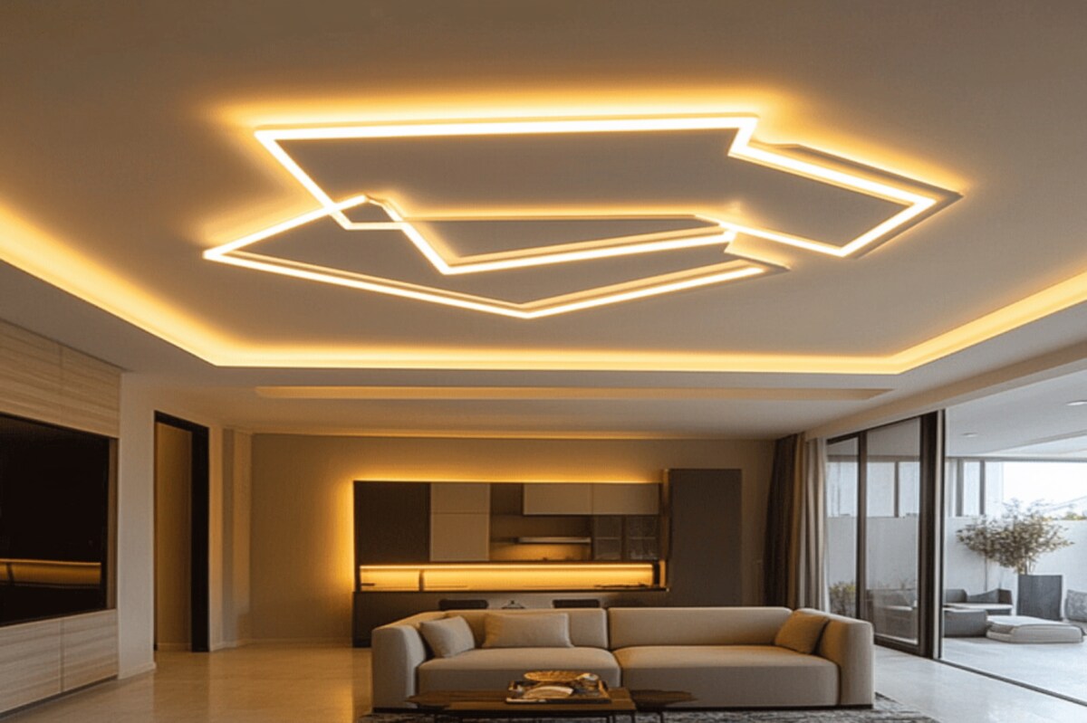 Modern Multilayered Rectangular Ceiling Design With Cove And Recessed Lights