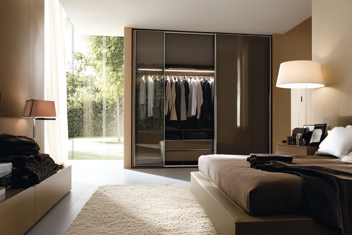 Modern Master Bedroom Design With Brown And Glass Shutter Wardrobe