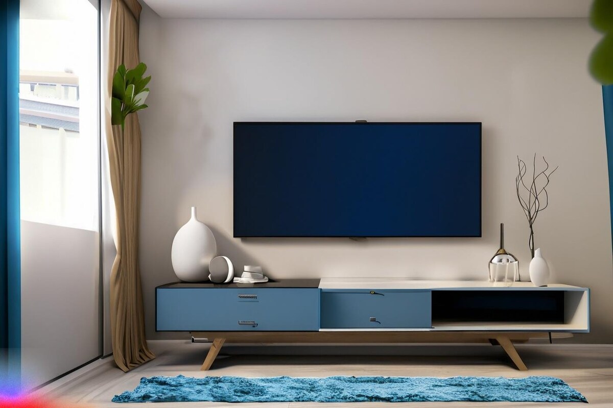 Modern TV Unit Design in Cream and Blue Laminate