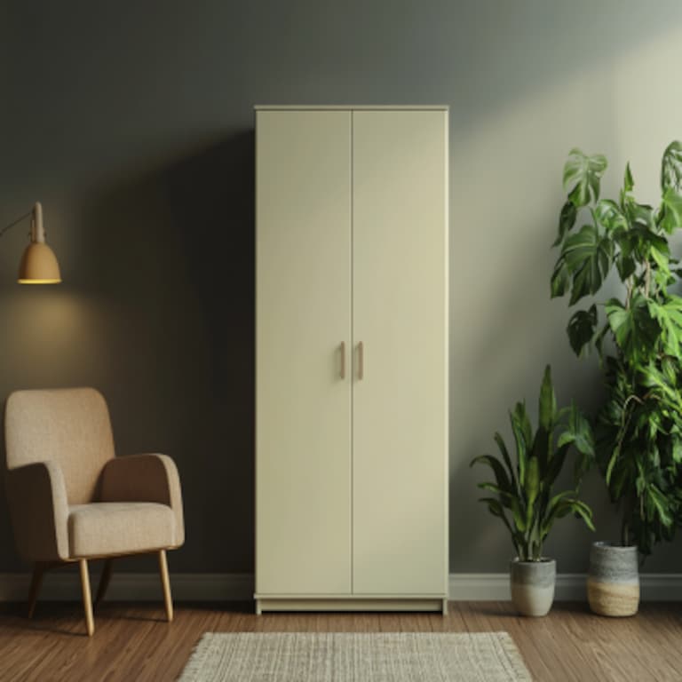 Contemporary 2-Door Swing Wardrobe in Irish Cream with Laminate Suede Finish