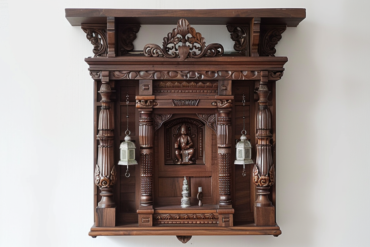 Classic Wall-Mounted Dark Wood Mandir Design