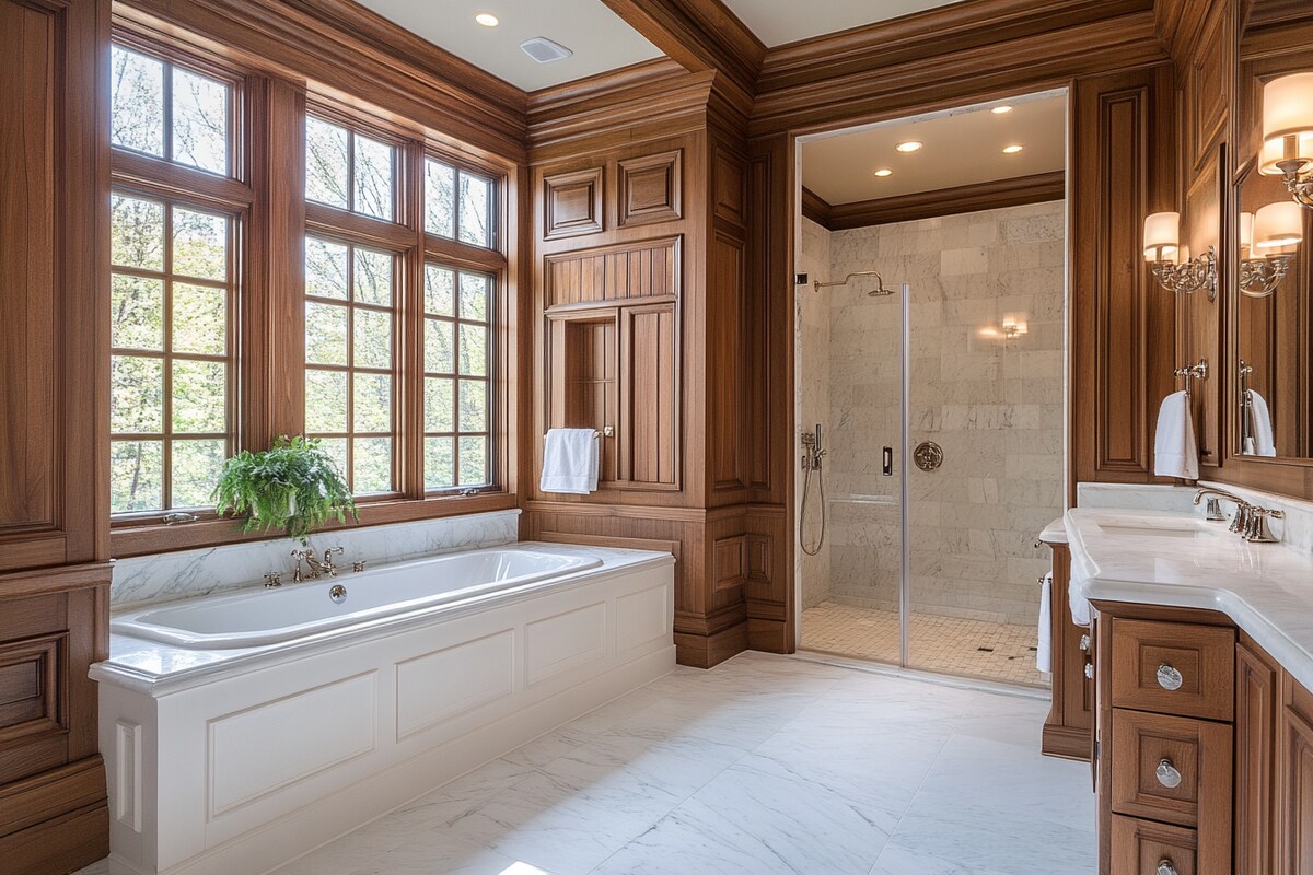 Classic White And Wood Bathroom Design With Marble Wall Panel