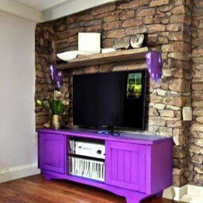 Rustic TV Unit Design in Purple with Stone Wall