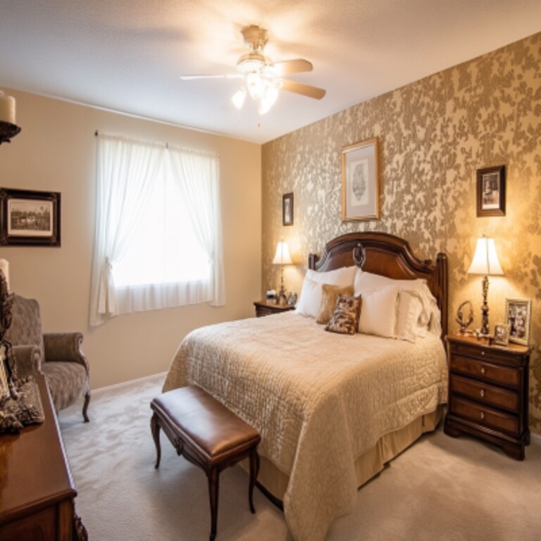 Classic Master Bedroom Design With Beige Damask Wallpaper