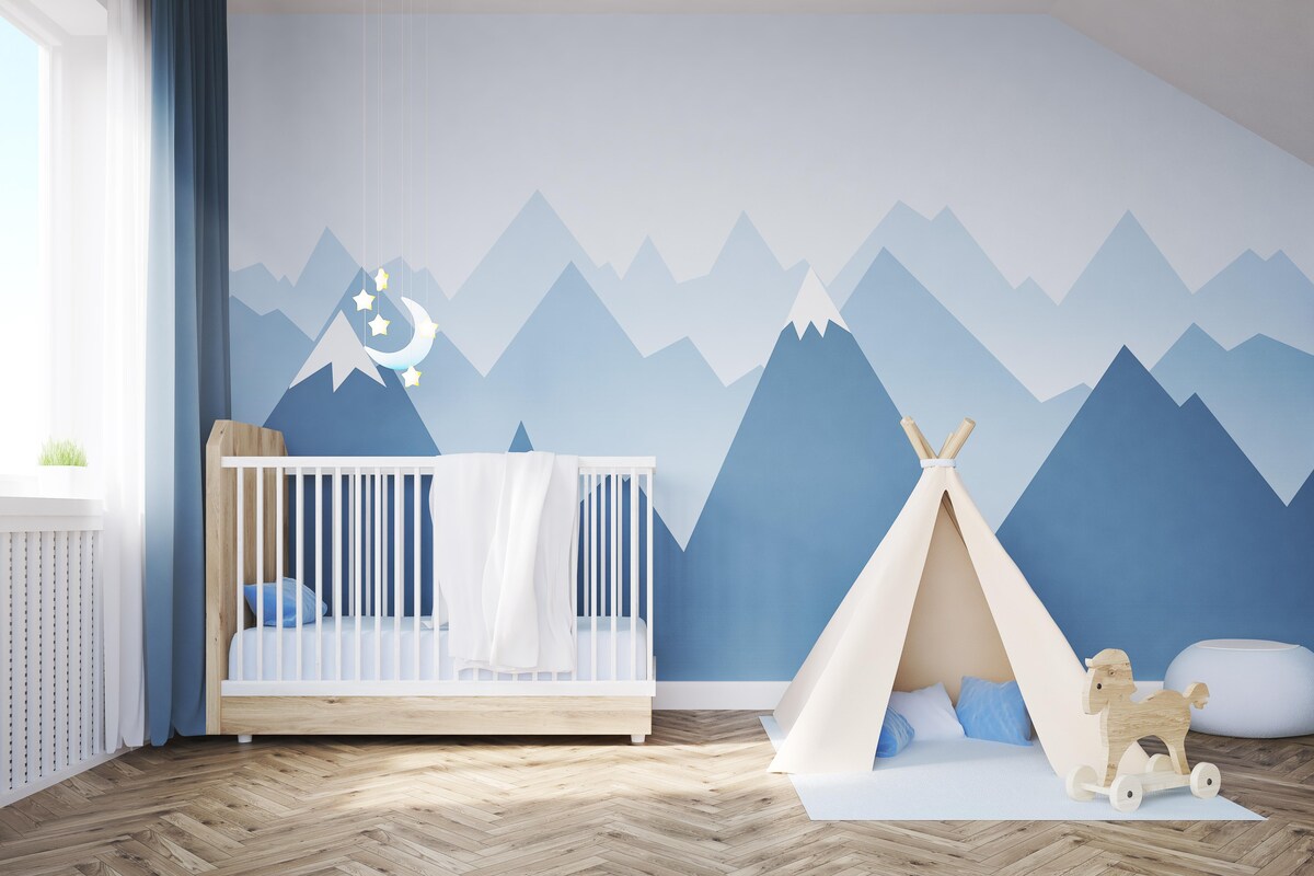 Infant Modern Kids Room Design in Blue and White