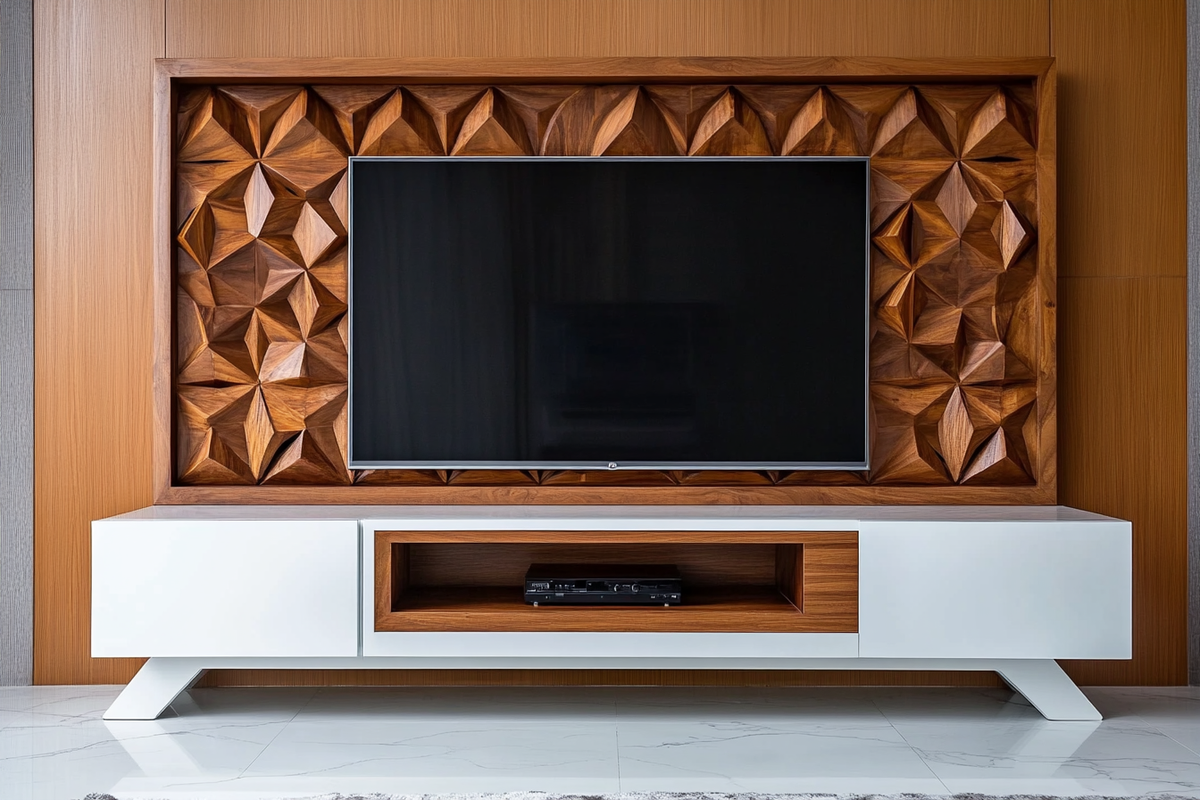 Modern White TV Unit Design With Patterned Geometric Wooden Back Panel