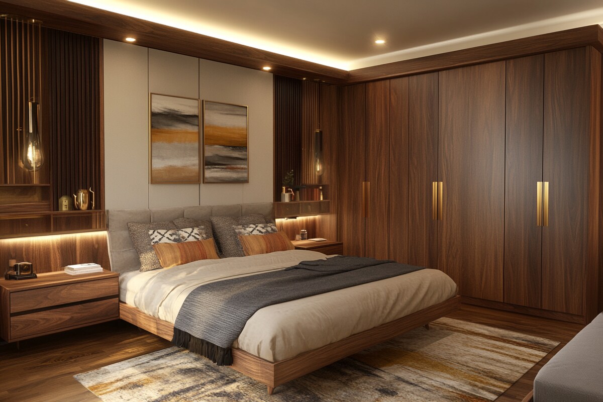 Modern 6 Door Swing Wardrobe Design in Walnut Colour Modern 6 Door Swing Wardrobe Design in Walnut Colour