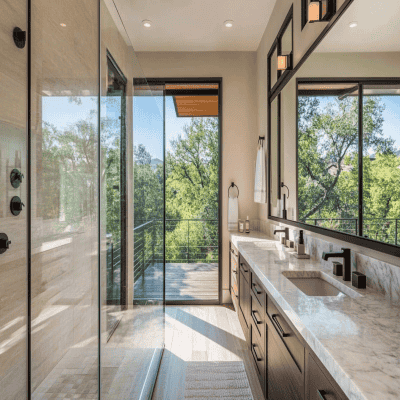 Modern Bathroom Design with Marble Countertop and Glass Partition