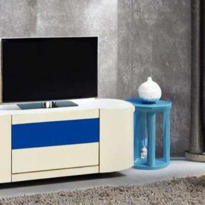 Modern TV Unit Design in Blue and Cream Laminate