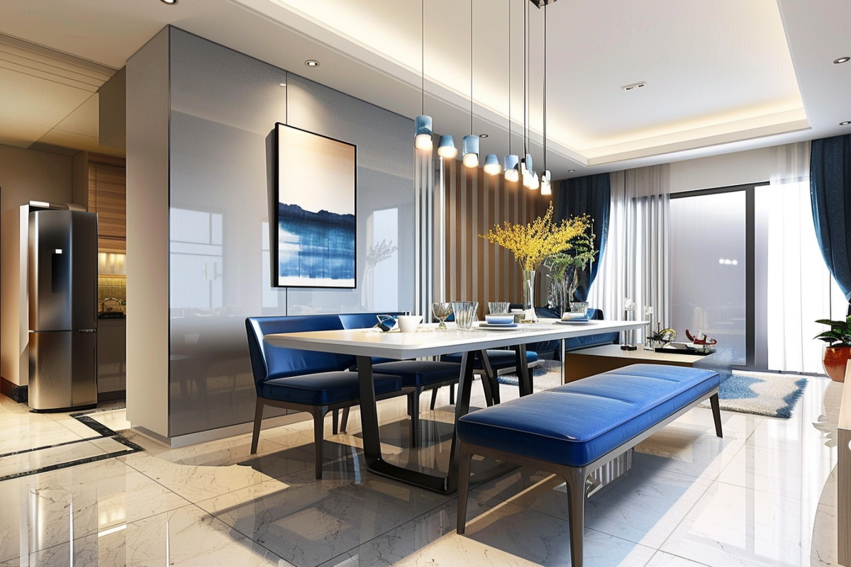 Modern 3-Seater Blue and White Dining Room Design with Blue Bench