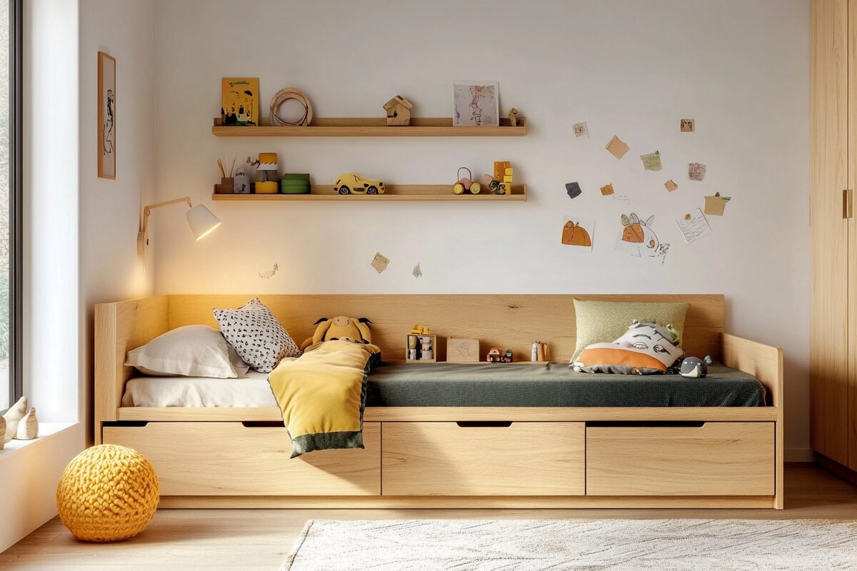 Modern Kids Bedroom Design With Wooden Single Bed with Storage