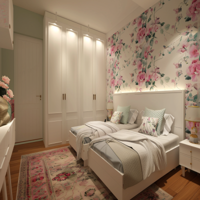 Modern Girls Room Design With Floral Wallpaper And 2-door Frosted Wardrobe