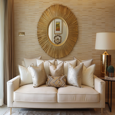 Contemporary Living Room Design With Beige Textured Wall And Gold Mirror