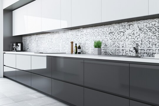 Modern Modular Grey And White Parallel Kitchen Design With White Damask ...