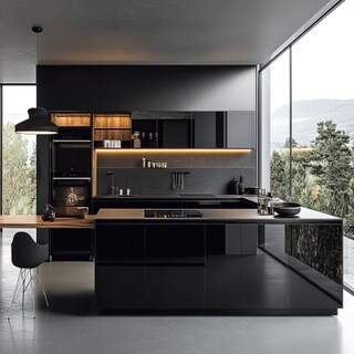 Modern All-Black Glossy Modular Kitchen Design With Ample Storage Options