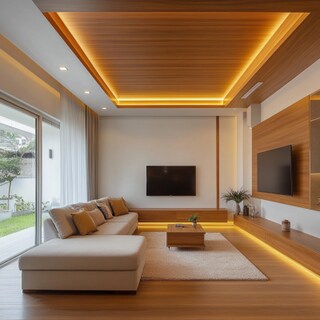 Modern POP And Wooden Ceiling Design With Recessed Lights