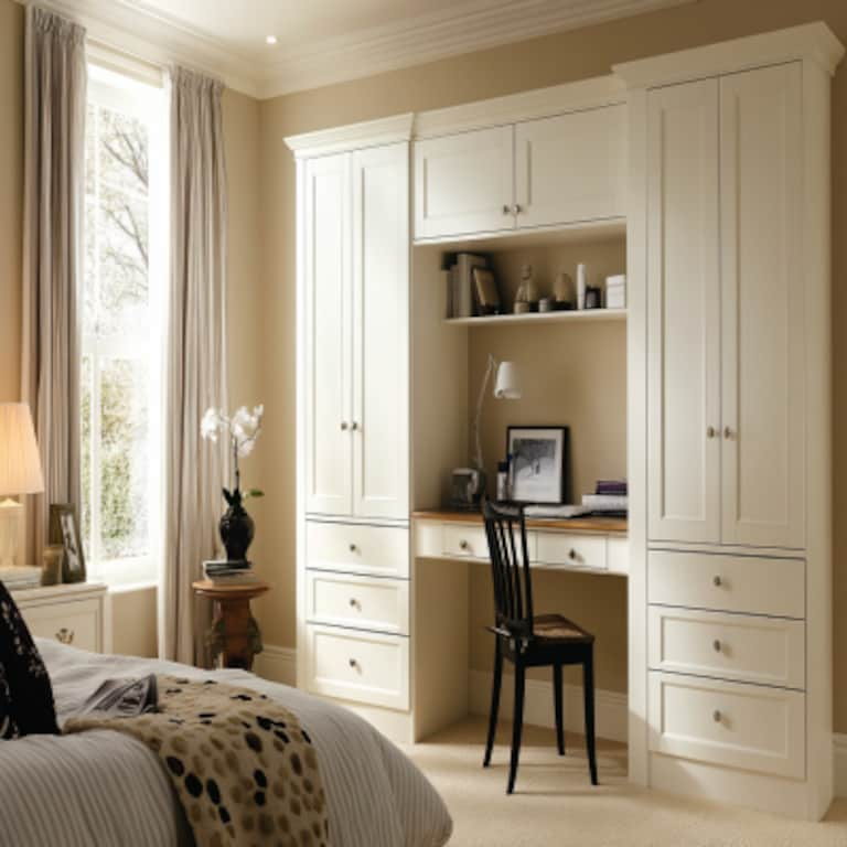 Contemporary 4-Door White Swing Wardrobe Design With An Integrated Wooden Study Table