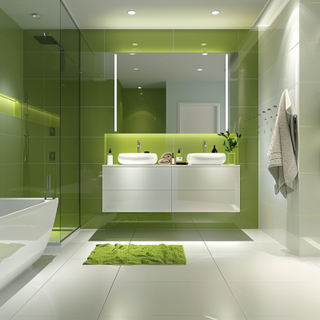 Modern Green And White Tiled Bathroom Design With White Bathroom Cabinet