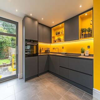 Modern L-Shaped Kitchen Design in Slate and Yellow Colour