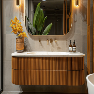 Contemporary Dual Toned Bathroom Design With Wall-Mounted Fluted Wooden Vanity Unit