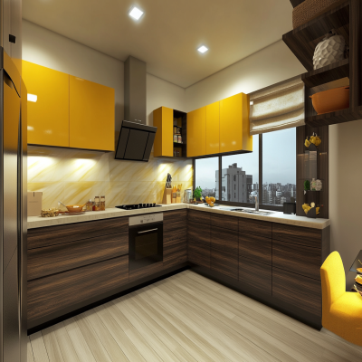 Modern Yellow And Dark Wood Modular L-Shaped Kitchen Design