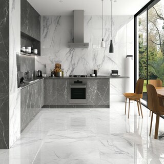 Modern White And Grey Marble Kitchen Tile Design