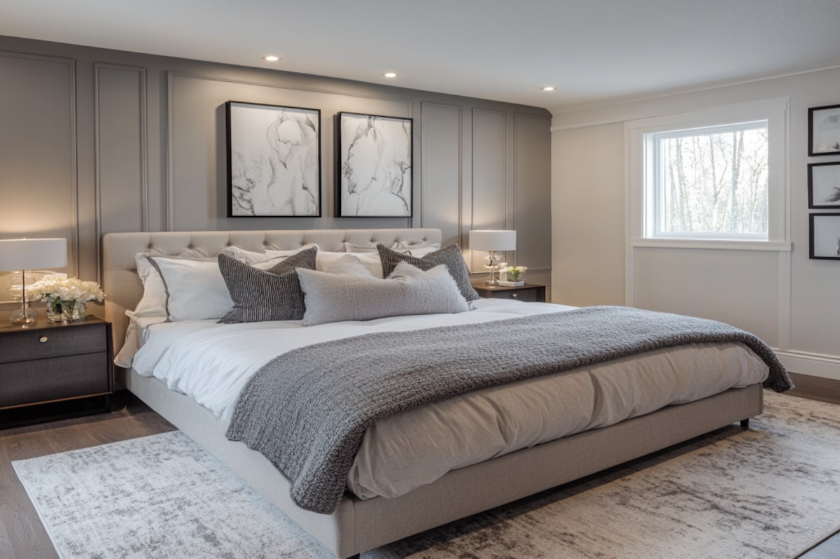 Contemporary Master Bedroom Design with King Bed and Grey Panels