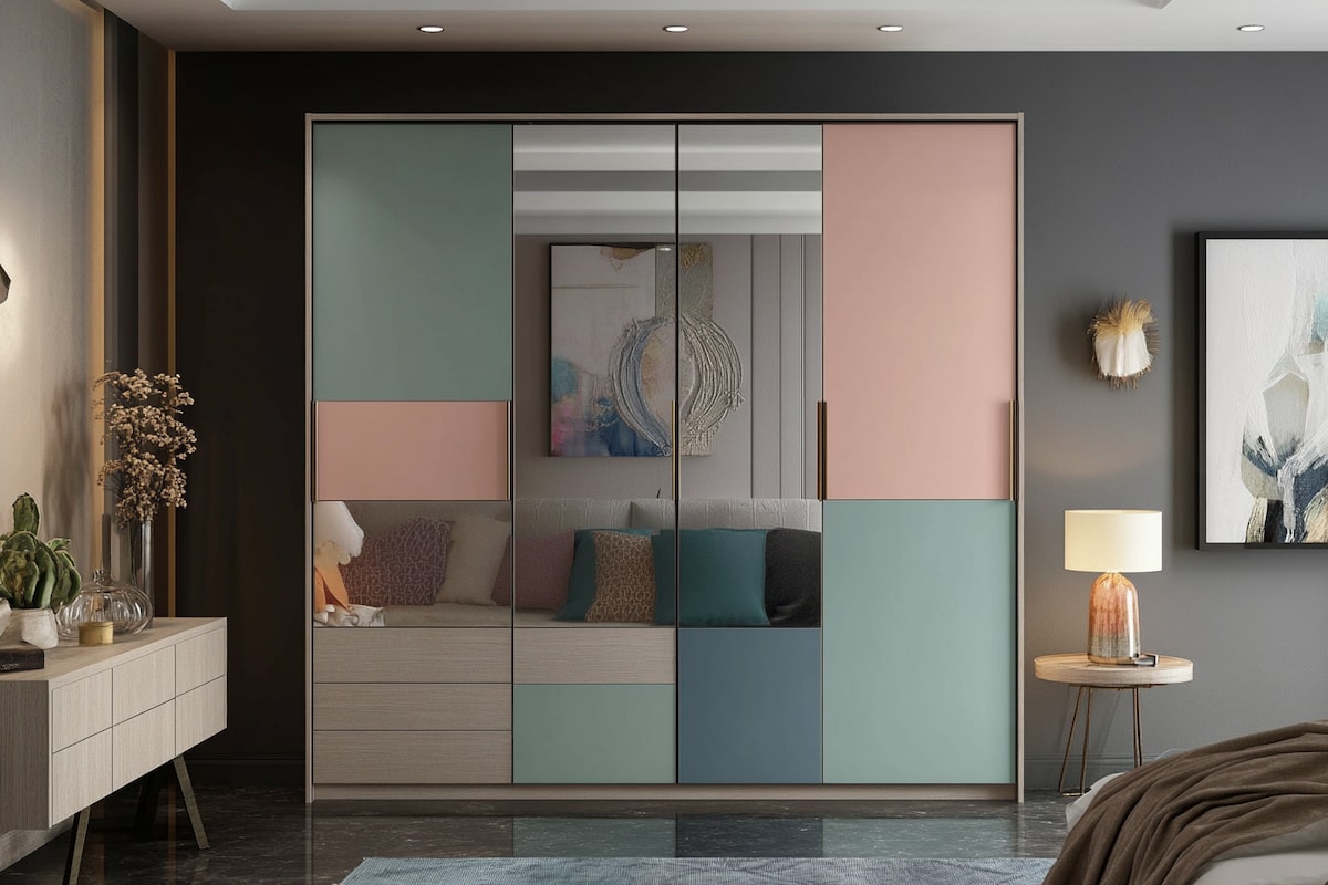 Modern Pastel Multicoloured 4 Door Swing Wardrobe Design With Dresser