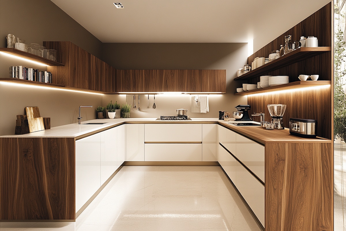 Contemporary U-Shaped Kitchen Design with Walnut and White Cabinets