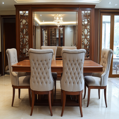 Classic 6-Seater Dining Room Design With Mirror Panel Wall And Integrated Pooja Unit