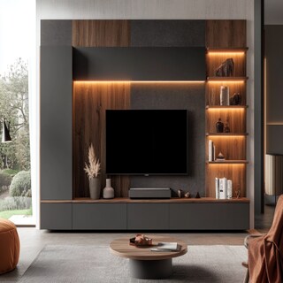 Contemporary Pumice Grey TV Unit Design with Dark and Light Wood TV Panel